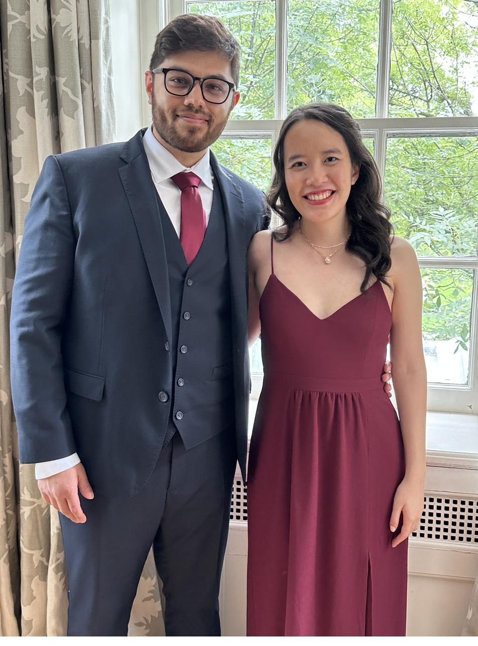 The couple dressed formally for a wedding